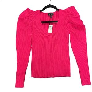 EXPRESS - pink  v neck ribbed puff sleeve sweater